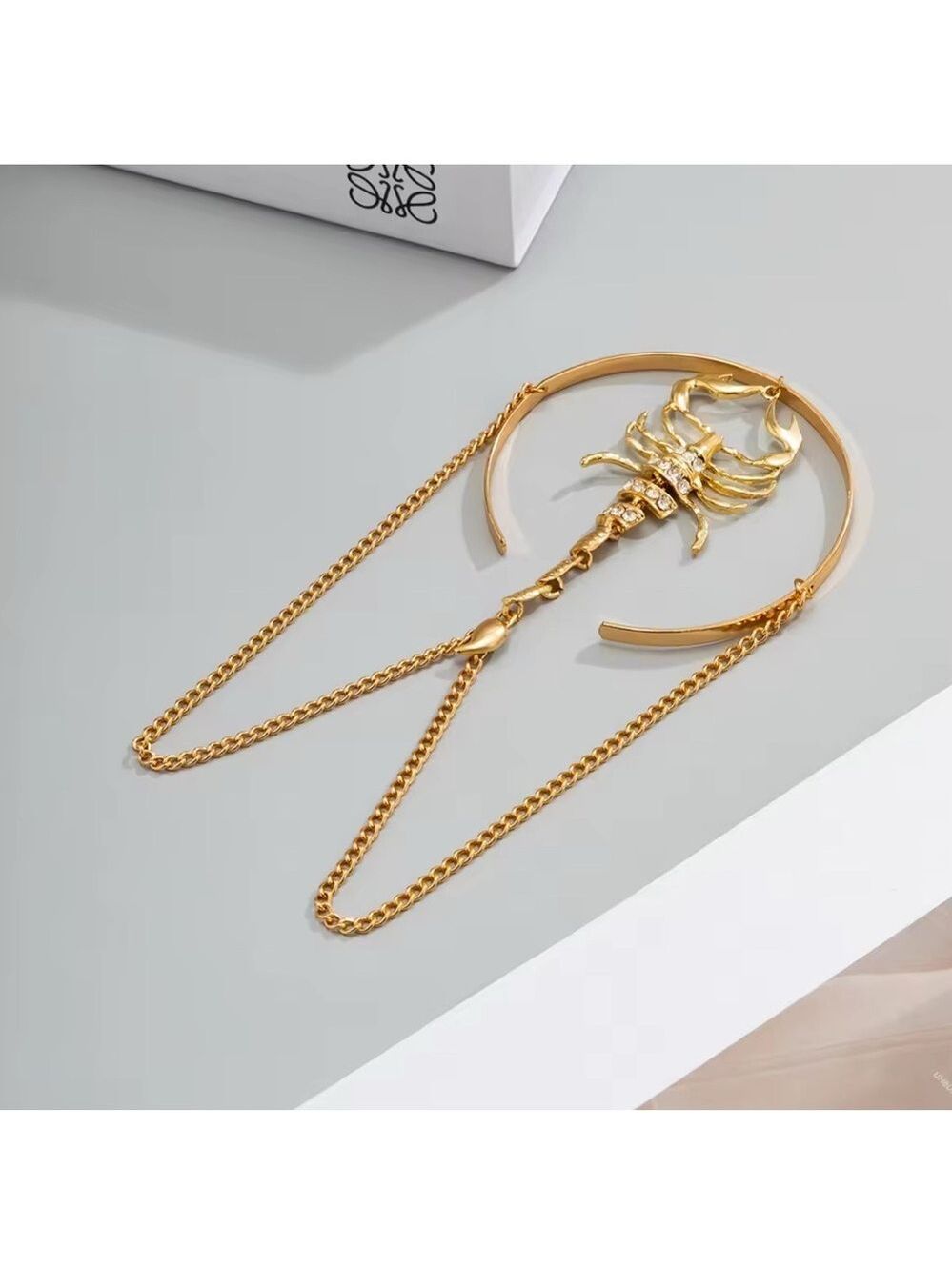 New Gold Scorpion Upper High Arm Cuff Bracelet w/ Rhinestone & Chain Accents - Picture 4 of 11